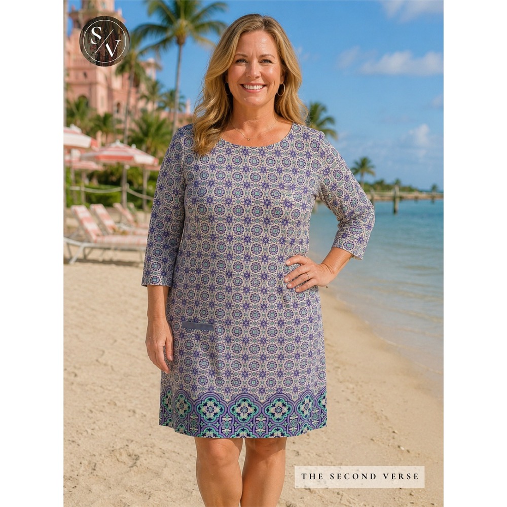 Cabana Life Blue Turquoise Medallion Print Beach Vacation Shift Dress Size Large